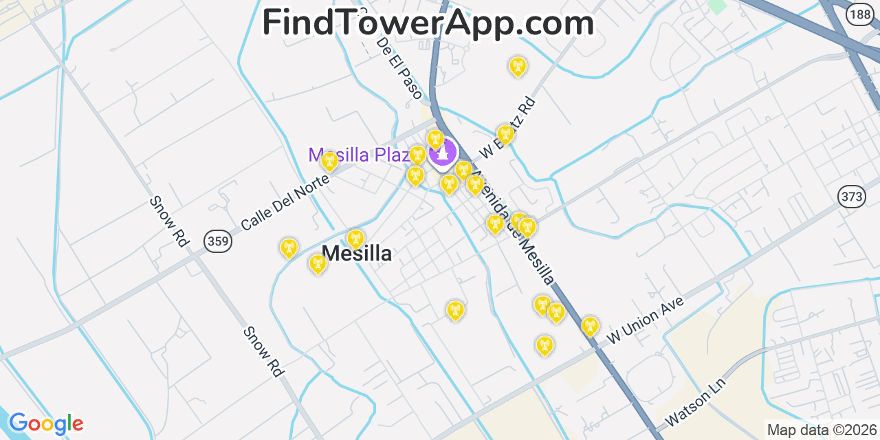 Map showing the 20 primary cell tower locations detected in La Mesilla, New Mexico from AT&T, Verizon, and T-Mobile networks