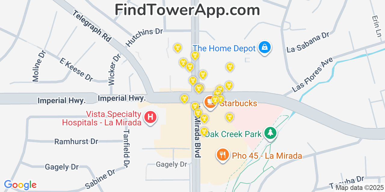 Map showing the 20 primary cell tower locations detected in La Mirada, California from AT&T, Verizon, and T-Mobile networks