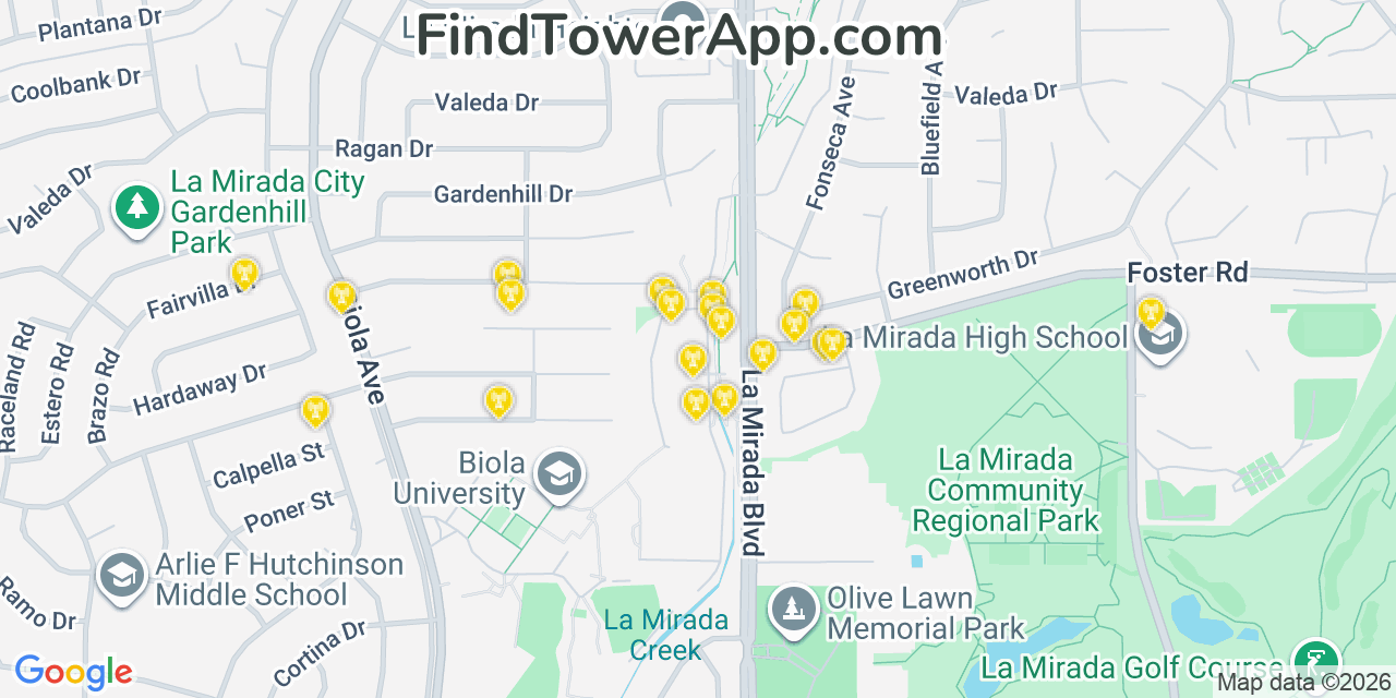 Map showing the 20 primary cell tower locations detected in La Mirada, California from AT&T, Verizon, and T-Mobile networks