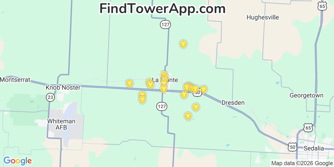 Map showing the 20 primary cell tower locations detected in La Monte, Missouri from AT&T, Verizon, and T-Mobile networks