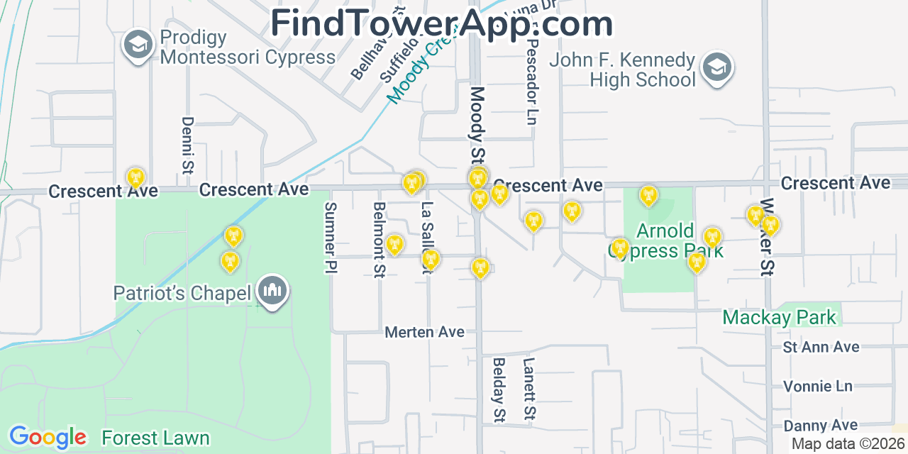 Map showing the 20 primary cell tower locations detected in La Palma, California from AT&T, Verizon, and T-Mobile networks