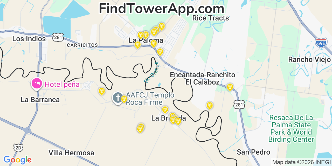Map showing the 20 primary cell tower locations detected in La Paloma, Texas from AT&T, Verizon, and T-Mobile networks