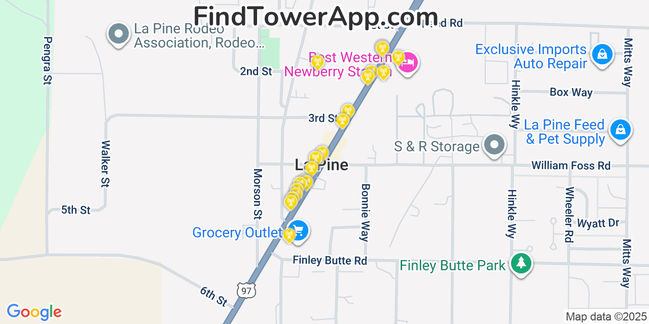 Map showing the 20 primary cell tower locations detected in La Pine, Oregon from AT&T, Verizon, and T-Mobile networks