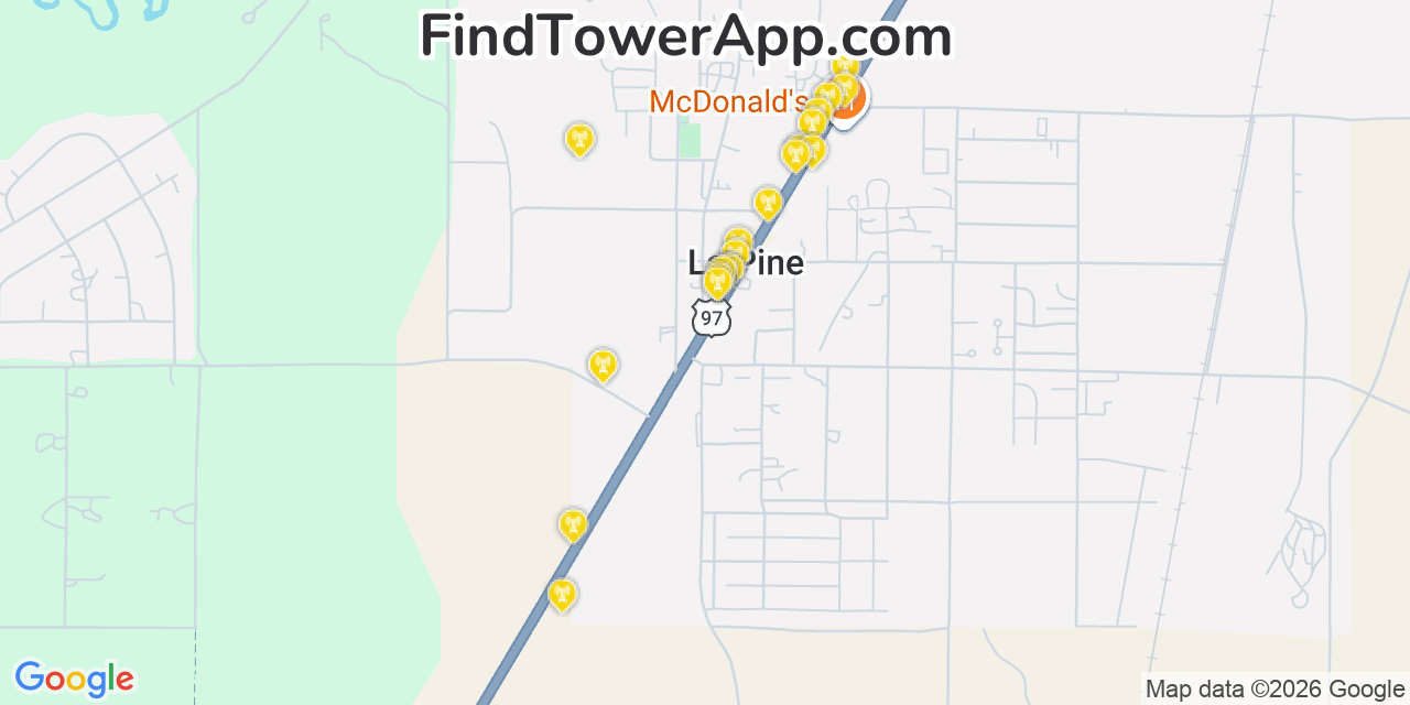 Map showing the 20 primary cell tower locations detected in La Pine, Oregon from AT&T, Verizon, and T-Mobile networks