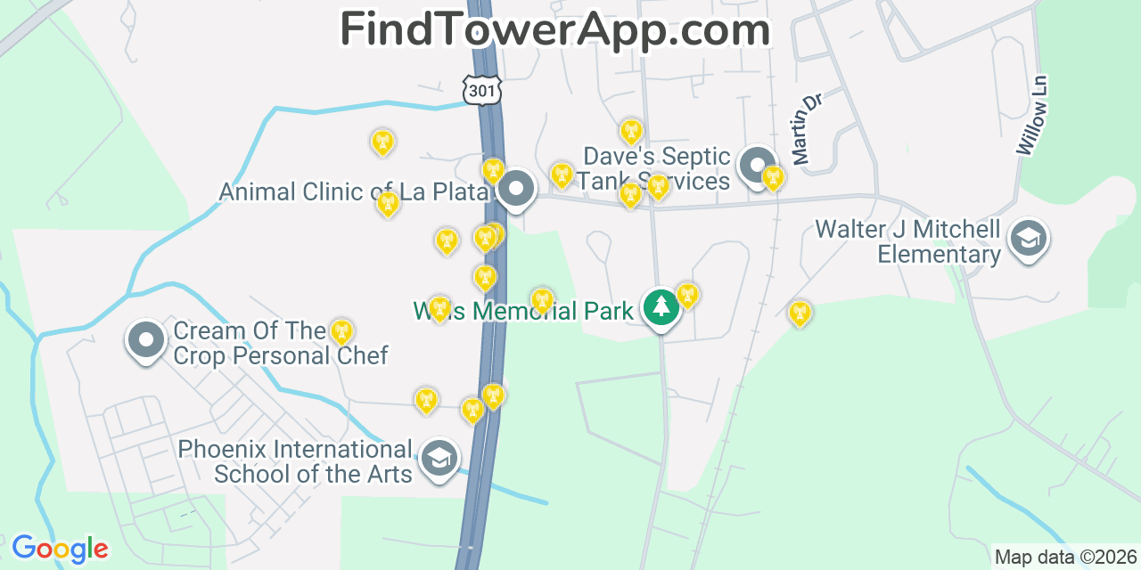 Map showing the 20 primary cell tower locations detected in La Plata, Maryland from AT&T, Verizon, and T-Mobile networks
