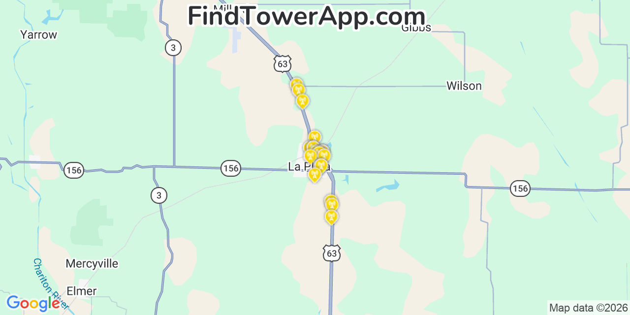 Map showing the 20 primary cell tower locations detected in La Plata, Missouri from AT&T, Verizon, and T-Mobile networks