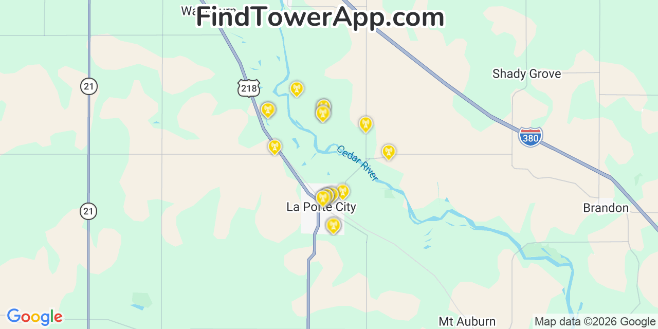 Map showing the 20 primary cell tower locations detected in La Porte City, Iowa from AT&T, Verizon, and T-Mobile networks