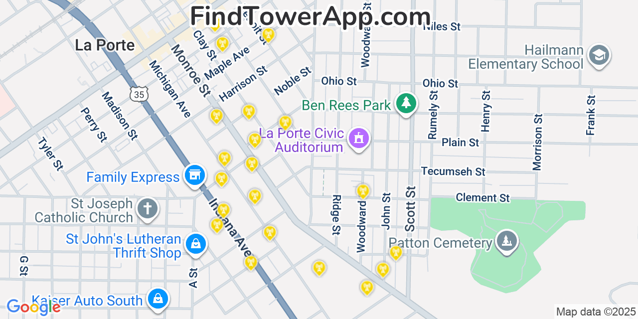 Map showing the 20 primary cell tower locations detected in La Porte, Indiana from AT&T, Verizon, and T-Mobile networks