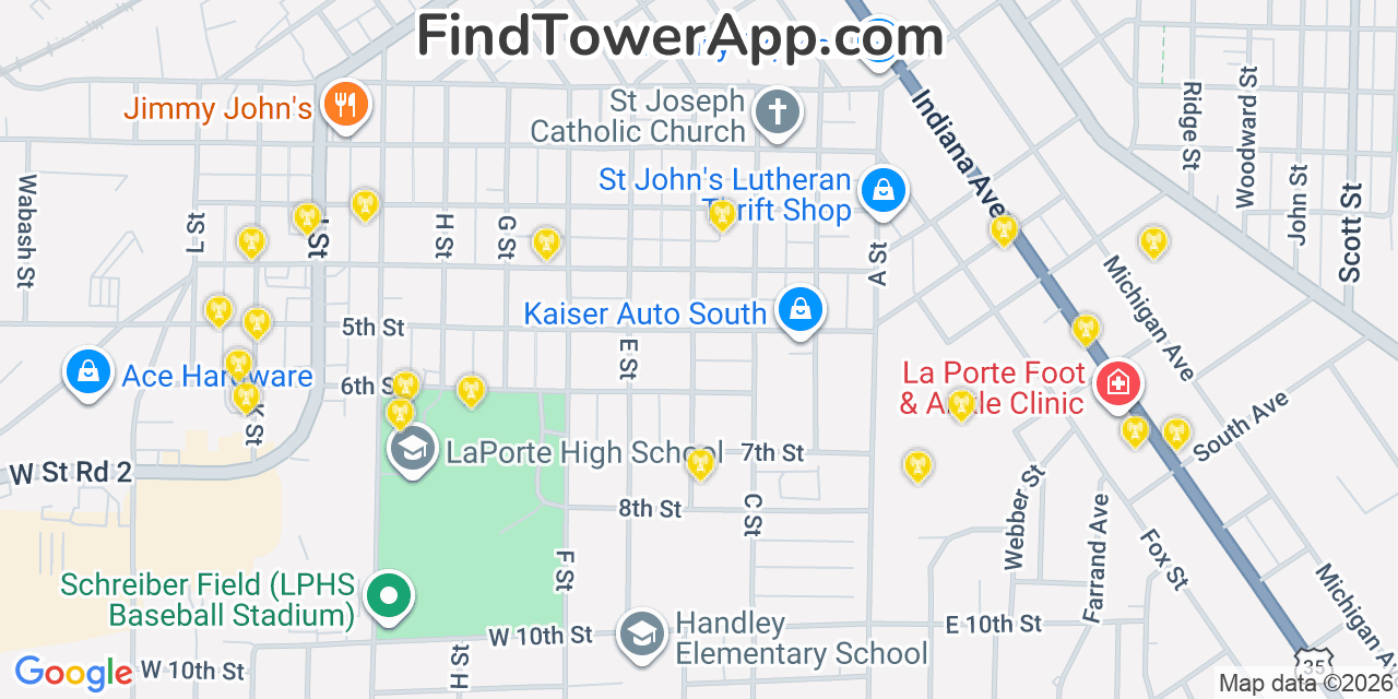 Map showing the 20 primary cell tower locations detected in La Porte, Indiana from AT&T, Verizon, and T-Mobile networks