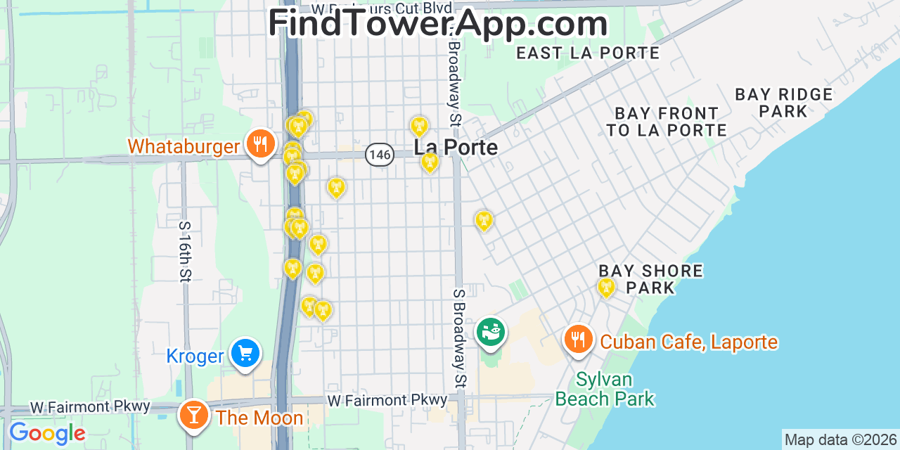 Map showing the 20 primary cell tower locations detected in La Porte, Texas from AT&T, Verizon, and T-Mobile networks