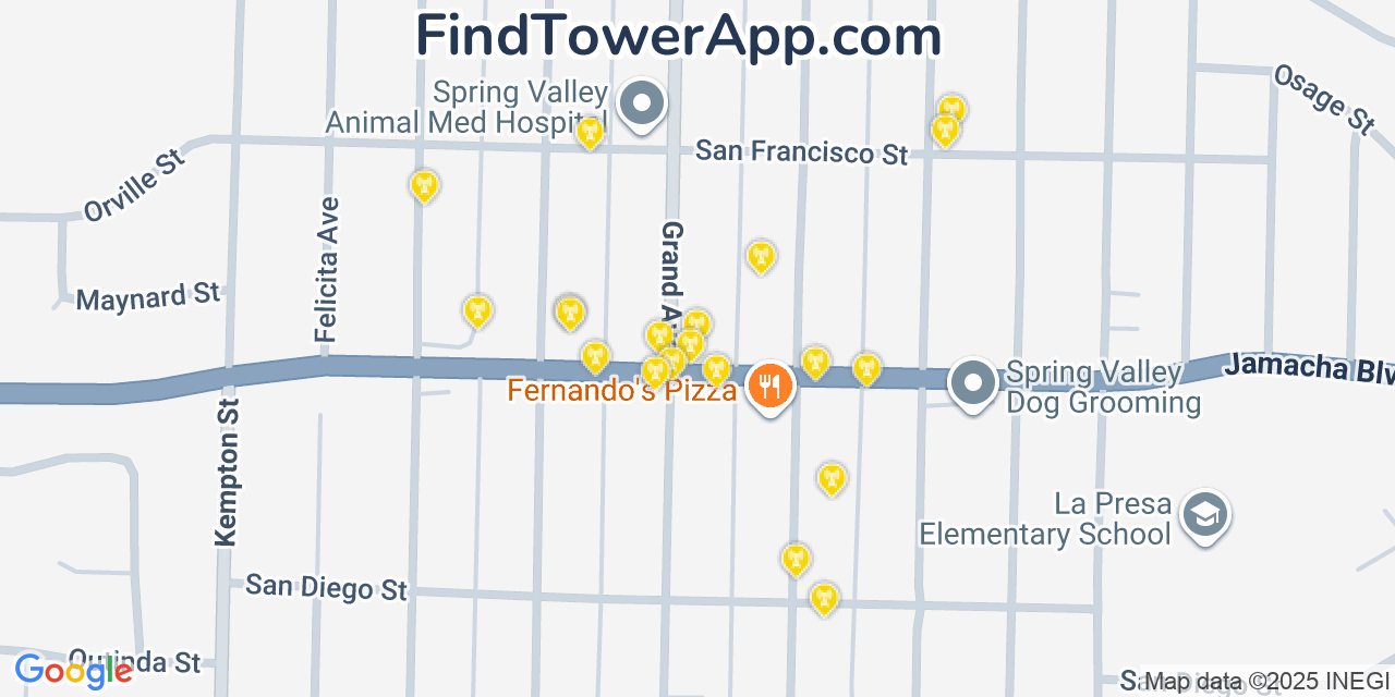 Map showing the 20 primary cell tower locations detected in La Presa, California from AT&T, Verizon, and T-Mobile networks