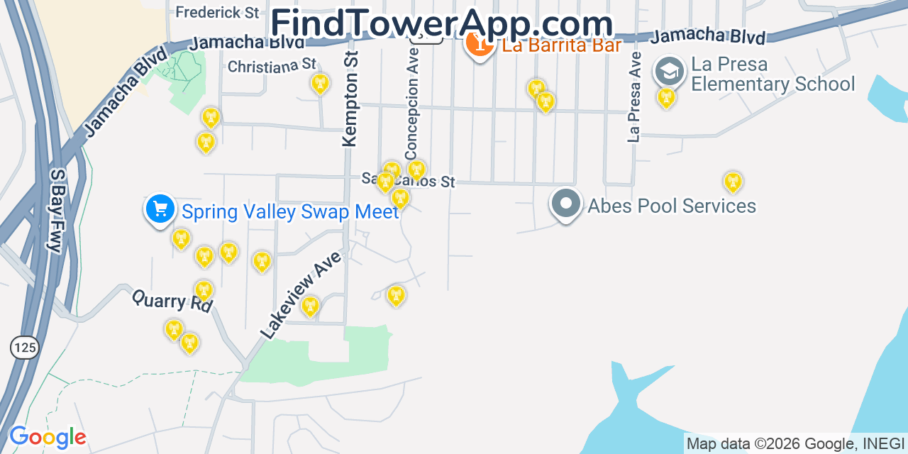 Map showing the 20 primary cell tower locations detected in La Presa, California from AT&T, Verizon, and T-Mobile networks