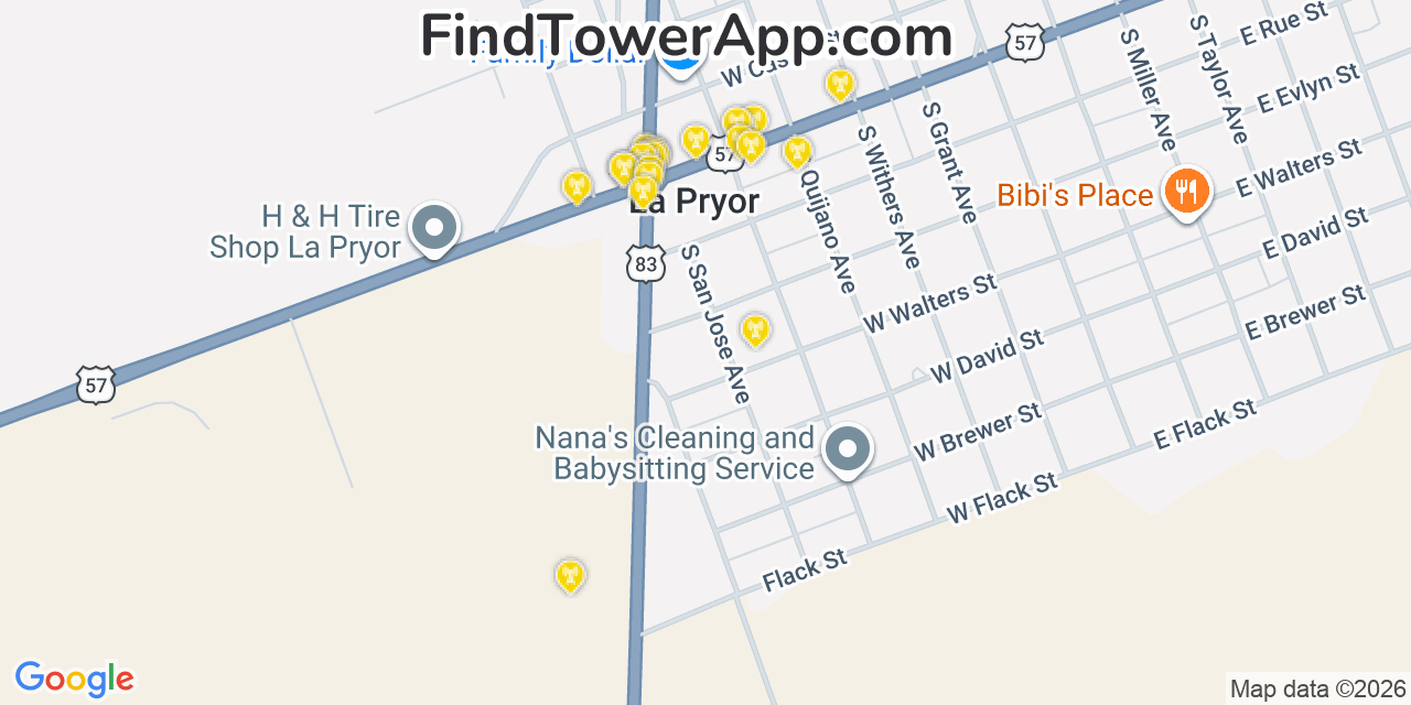 Map showing the 20 primary cell tower locations detected in La Pryor, Texas from AT&T, Verizon, and T-Mobile networks