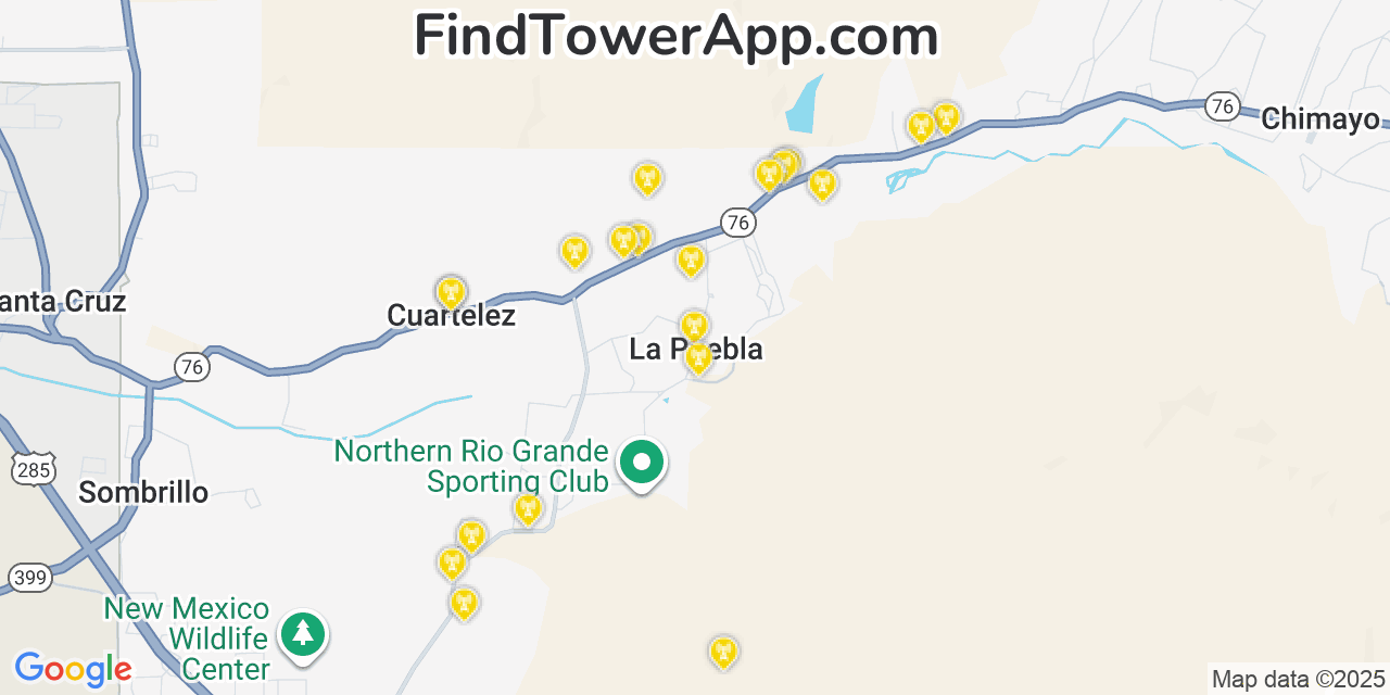 Map showing the 20 primary cell tower locations detected in La Puebla, New Mexico from AT&T, Verizon, and T-Mobile networks