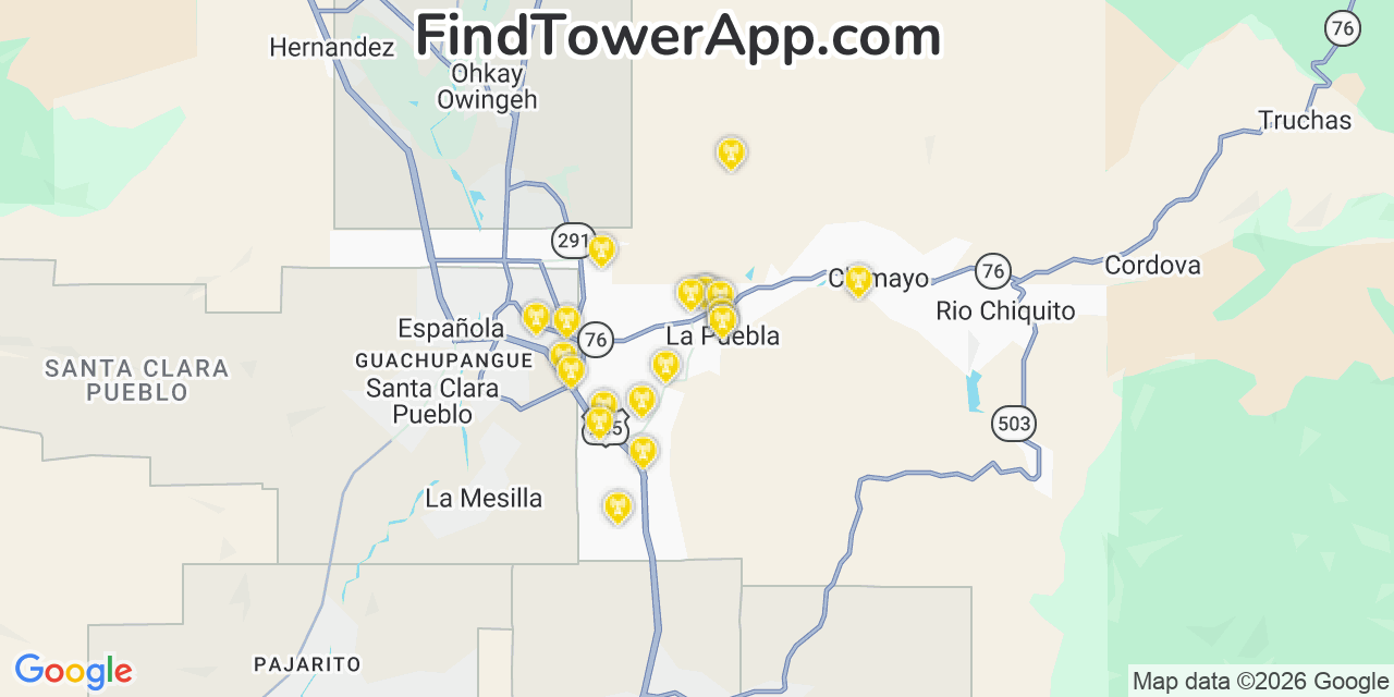 Map showing the 20 primary cell tower locations detected in La Puebla, New Mexico from AT&T, Verizon, and T-Mobile networks
