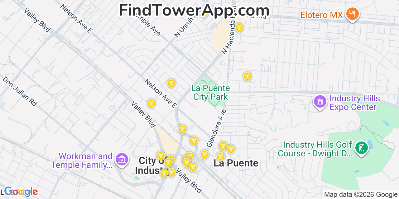 Map showing the 20 primary cell tower locations detected in La Puente, California from AT&T, Verizon, and T-Mobile networks