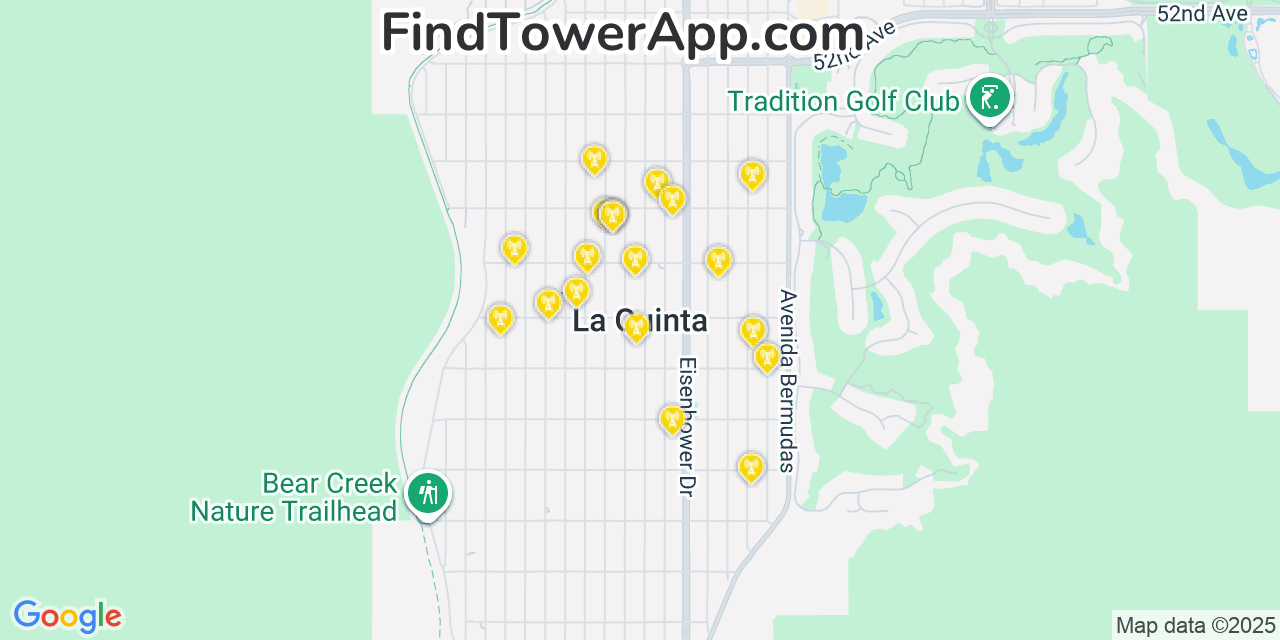 Map showing the 20 primary cell tower locations detected in La Quinta, California from AT&T, Verizon, and T-Mobile networks