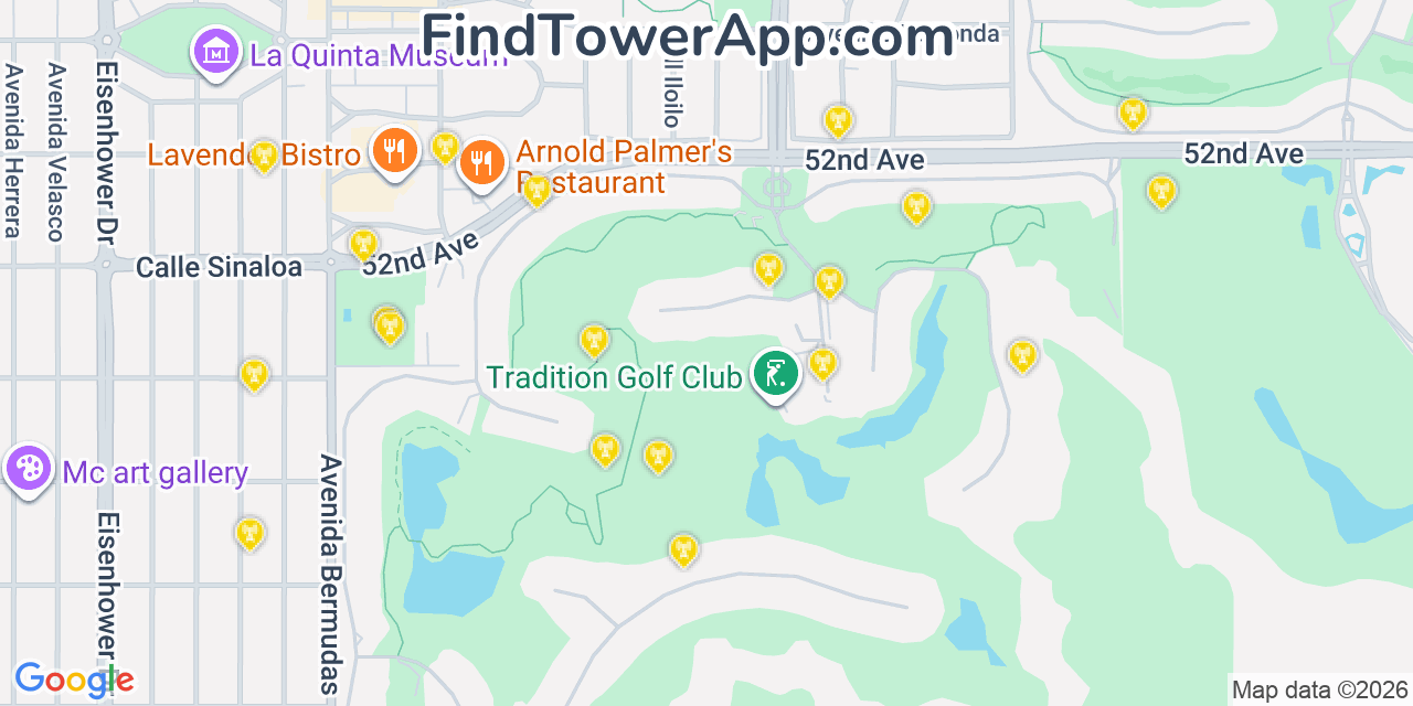 Map showing the 20 primary cell tower locations detected in La Quinta, California from AT&T, Verizon, and T-Mobile networks