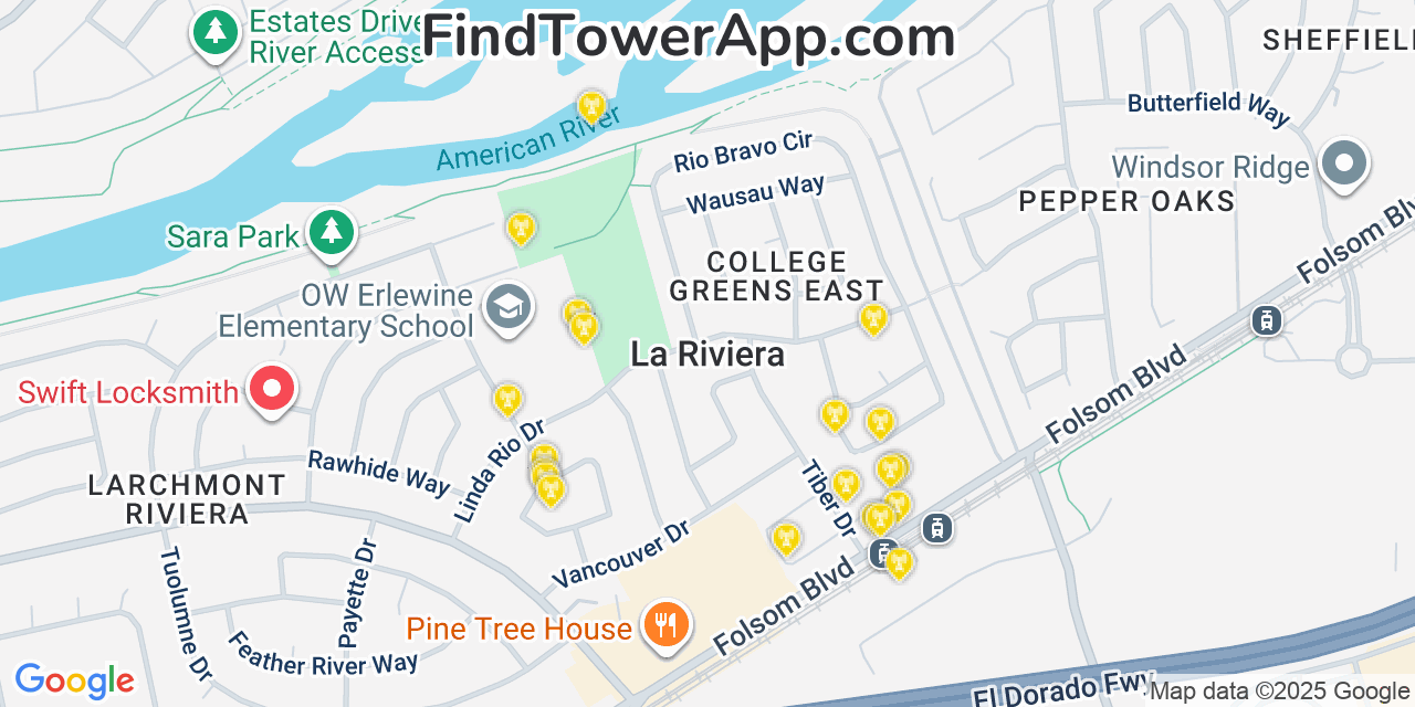 Map showing the 20 primary cell tower locations detected in La Riviera, California from AT&T, Verizon, and T-Mobile networks