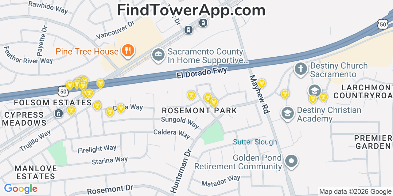 Map showing the 20 primary cell tower locations detected in La Riviera, California from AT&T, Verizon, and T-Mobile networks