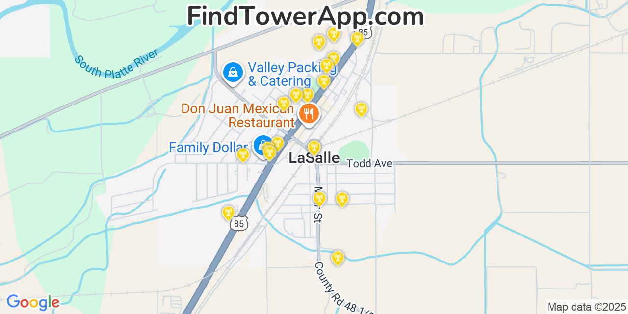 Map showing the 20 primary cell tower locations detected in La Salle, Colorado from AT&T, Verizon, and T-Mobile networks