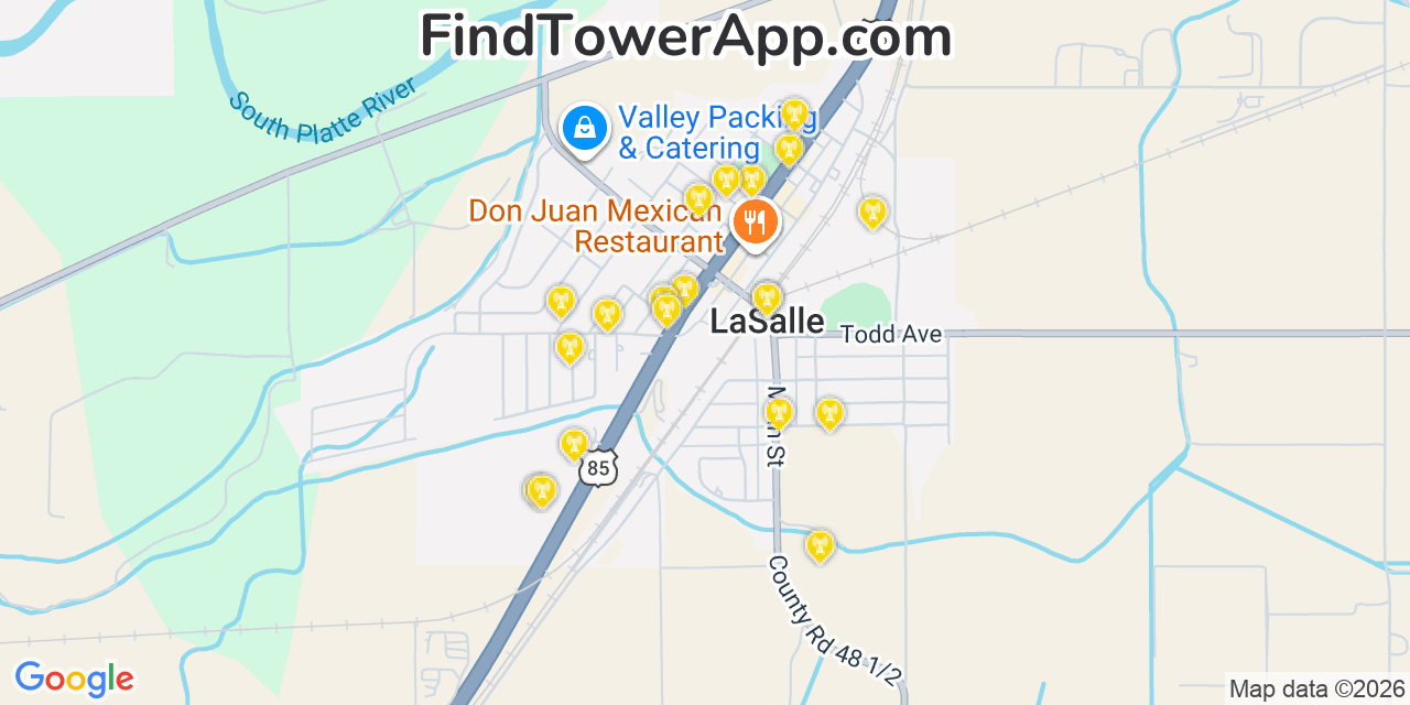 Map showing the 20 primary cell tower locations detected in La Salle, Colorado from AT&T, Verizon, and T-Mobile networks