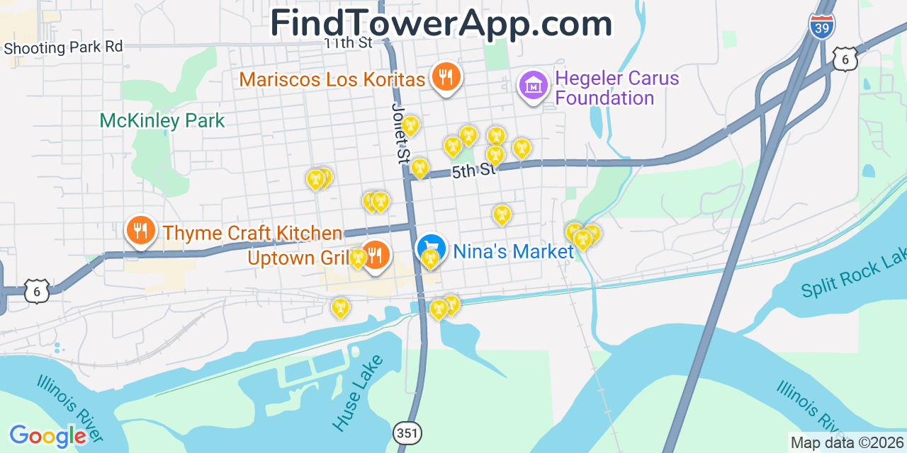 Map showing the 20 primary cell tower locations detected in La Salle, Illinois from AT&T, Verizon, and T-Mobile networks