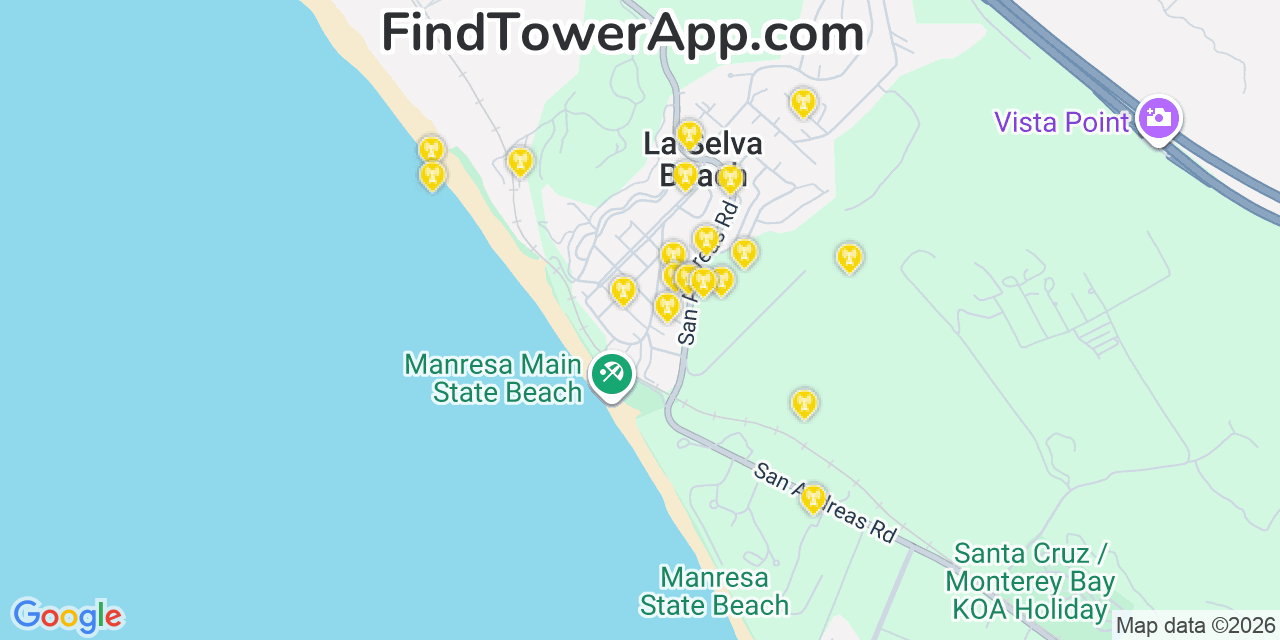 Map showing the 20 primary cell tower locations detected in La Selva Beach, California from AT&T, Verizon, and T-Mobile networks
