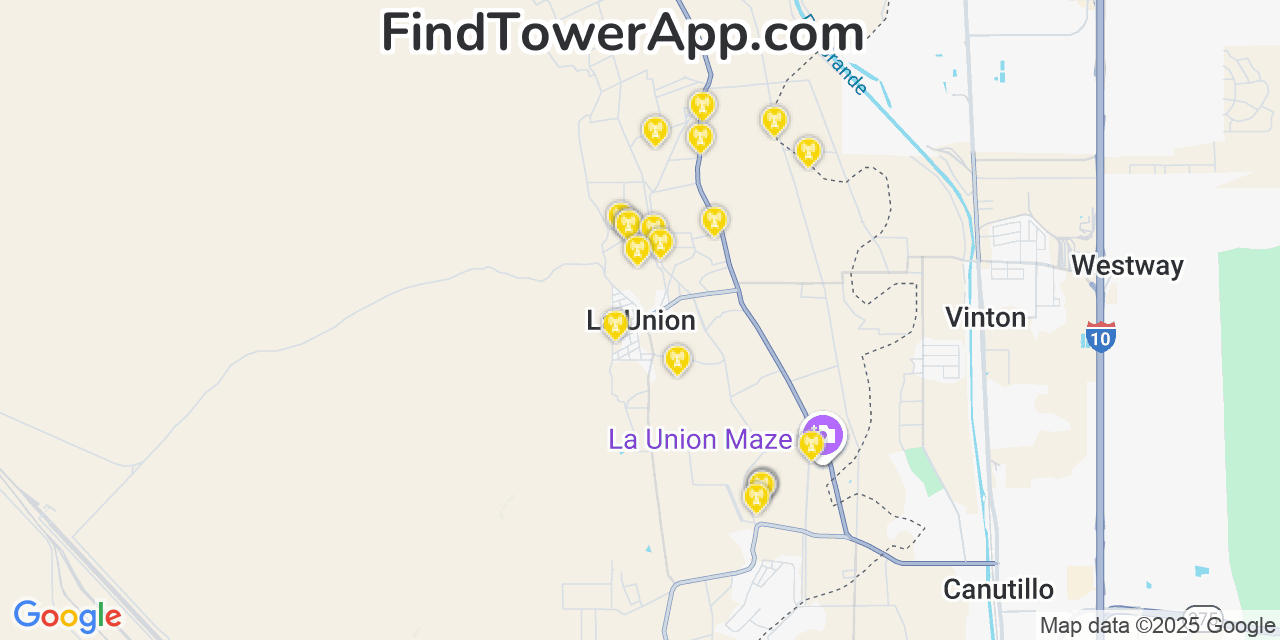 Map showing the 20 primary cell tower locations detected in La Union, New Mexico from AT&T, Verizon, and T-Mobile networks