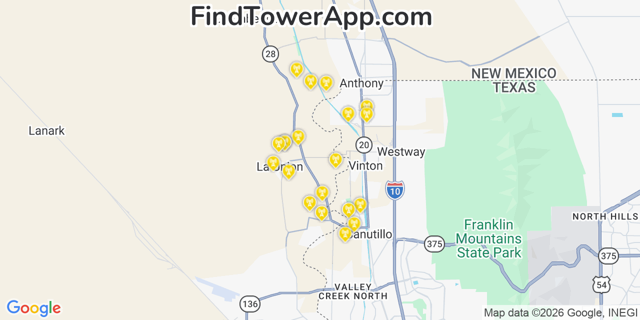 Map showing the 20 primary cell tower locations detected in La Union, New Mexico from AT&T, Verizon, and T-Mobile networks