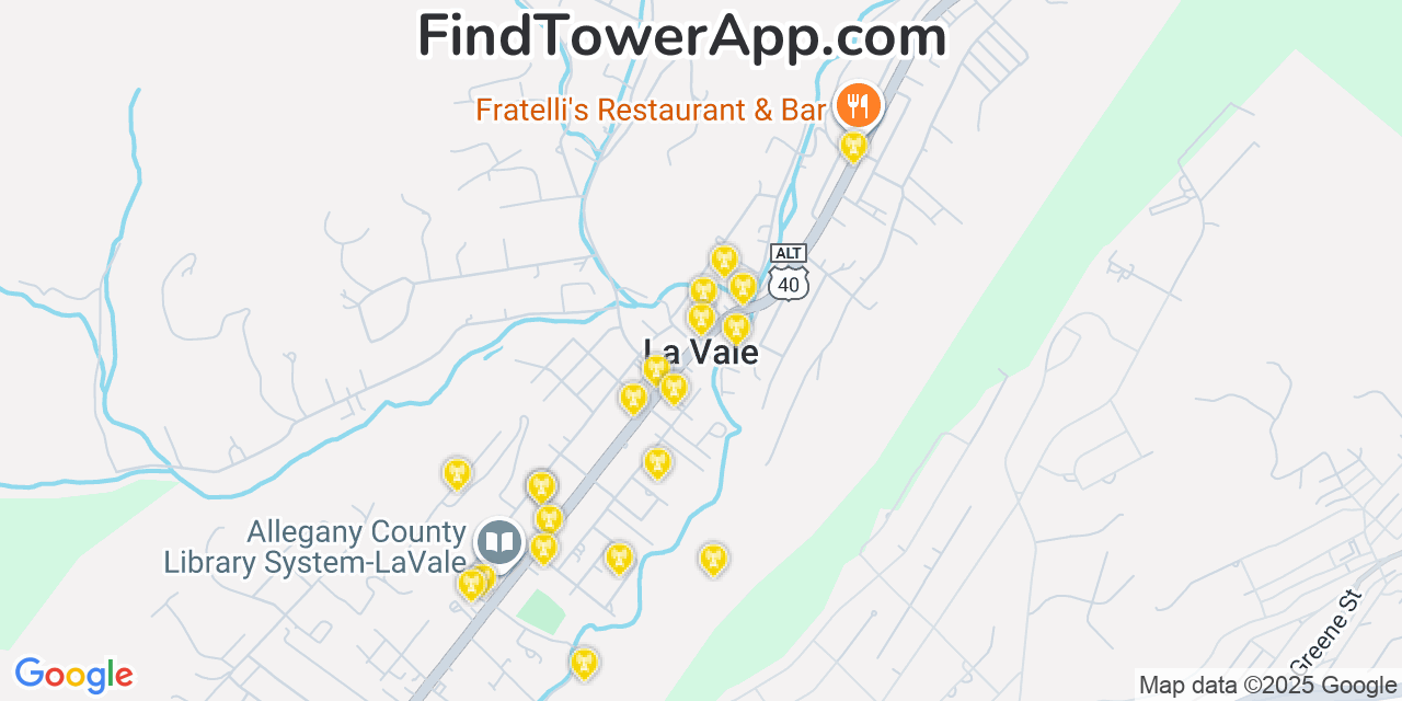 Map showing the 20 primary cell tower locations detected in La Vale, Maryland from AT&T, Verizon, and T-Mobile networks