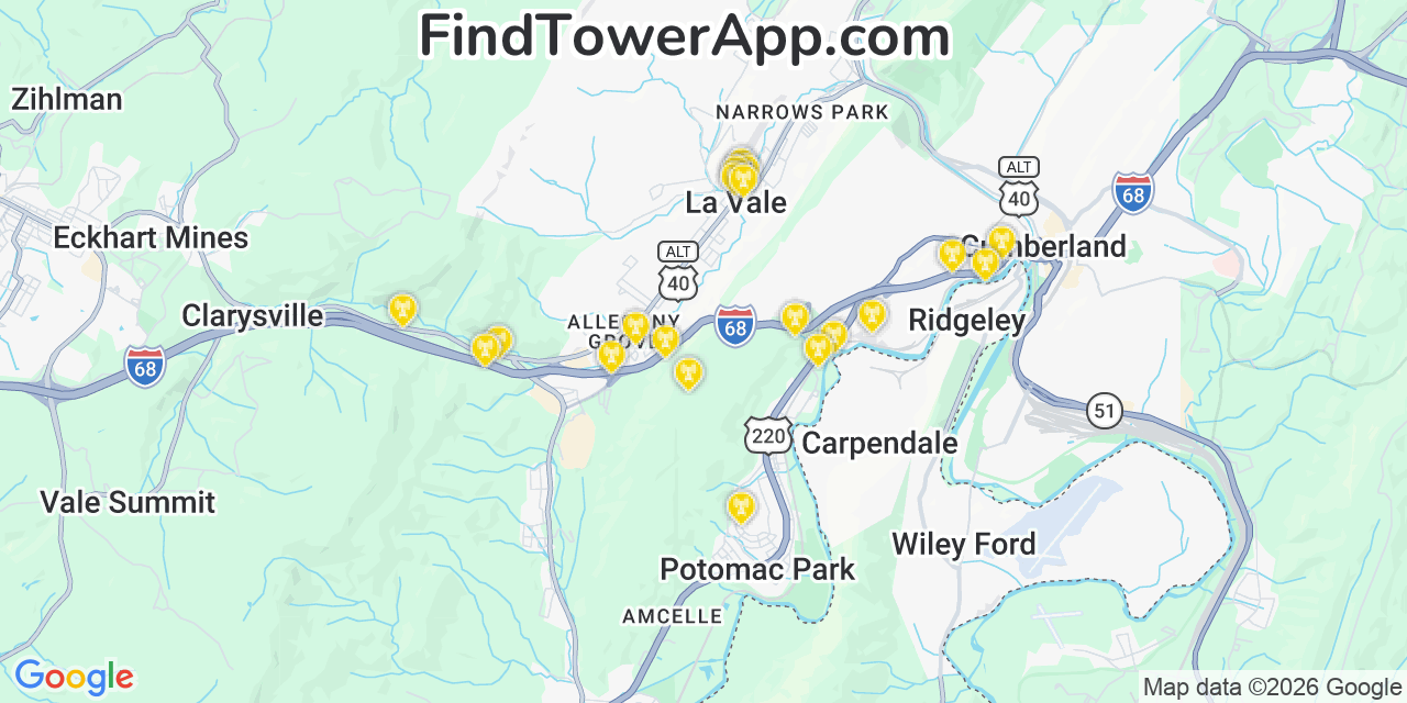 Map showing the 20 primary cell tower locations detected in La Vale, Maryland from AT&T, Verizon, and T-Mobile networks