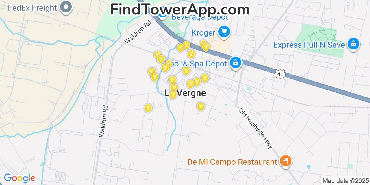 Map showing the 20 primary cell tower locations detected in La Vergne, Tennessee from AT&T, Verizon, and T-Mobile networks