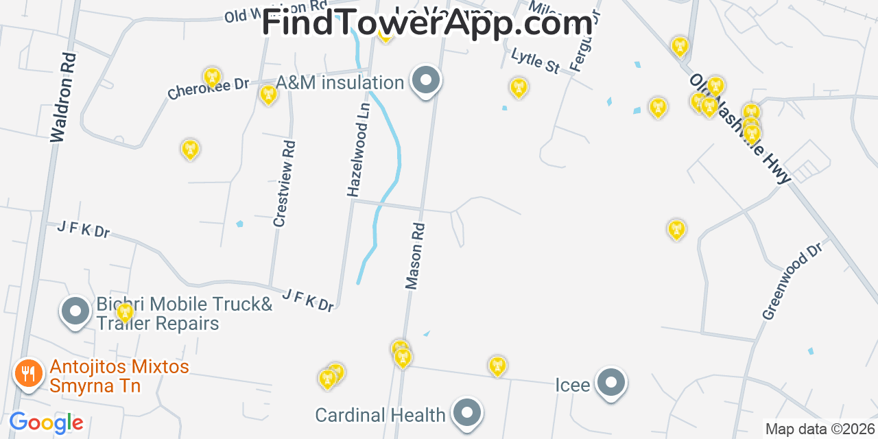 Map showing the 20 primary cell tower locations detected in La Vergne, Tennessee from AT&T, Verizon, and T-Mobile networks