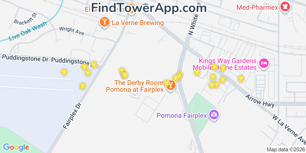 Map showing the 20 primary cell tower locations detected in La Verne, California from AT&T, Verizon, and T-Mobile networks