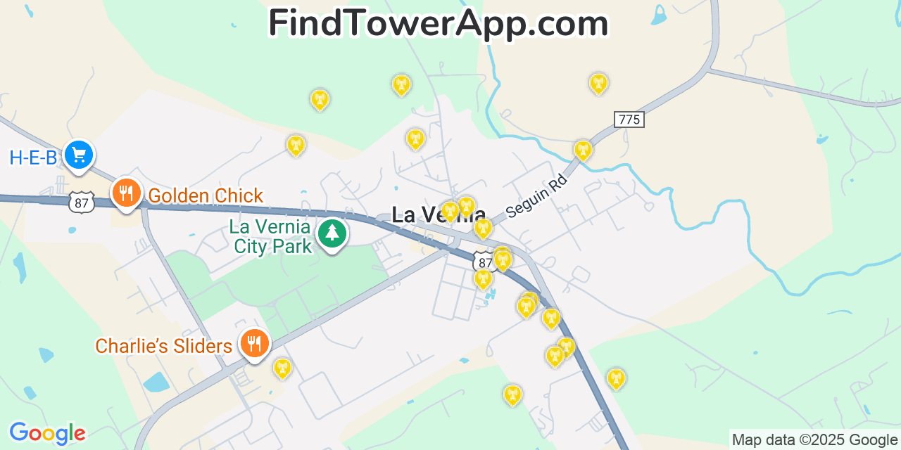 Map showing the 20 primary cell tower locations detected in La Vernia, Texas from AT&T, Verizon, and T-Mobile networks