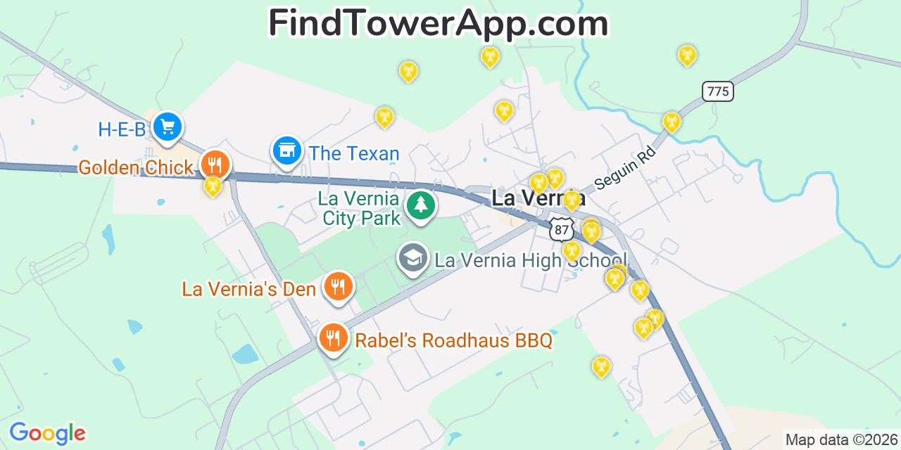 Map showing the 20 primary cell tower locations detected in La Vernia, Texas from AT&T, Verizon, and T-Mobile networks