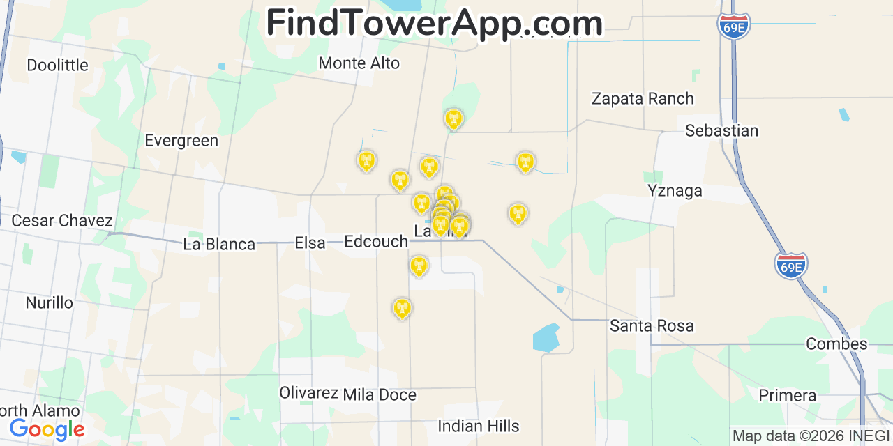 Map showing the 20 primary cell tower locations detected in La Villa, Texas from AT&T, Verizon, and T-Mobile networks
