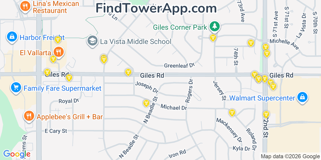 Map showing the 20 primary cell tower locations detected in La Vista, Nebraska from AT&T, Verizon, and T-Mobile networks