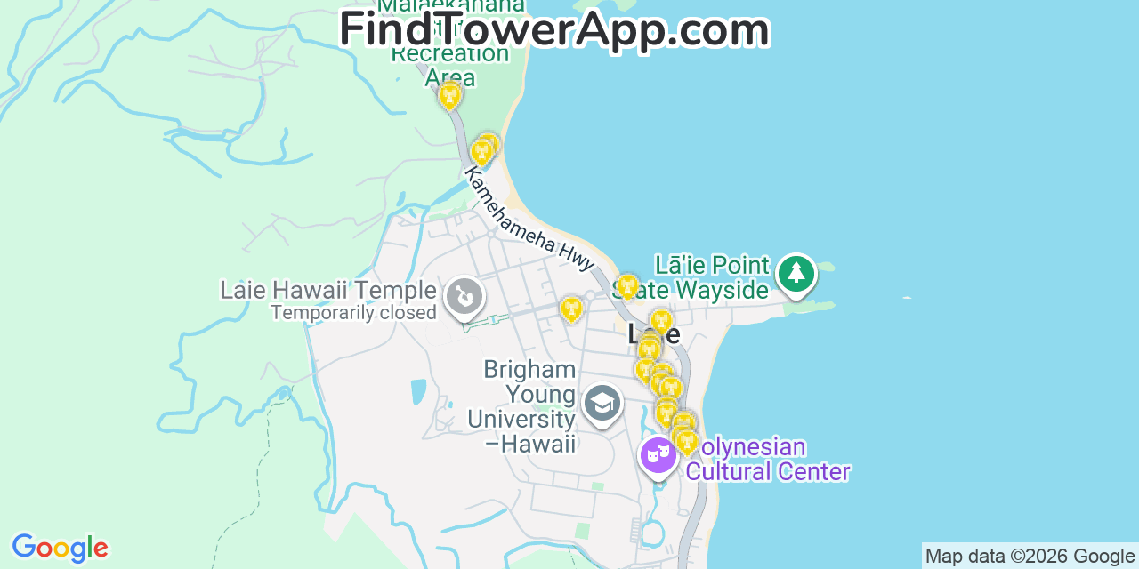 Map showing the 20 primary AT&T cell tower locations detected in LäÂ€˜Ie, Hawaii with coverage radius and signal strength indicators