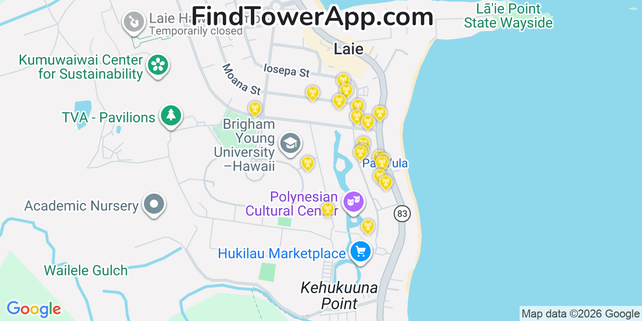 Map showing the 20 primary cell tower locations detected in LäÂ€˜Ie, Hawaii from AT&T, Verizon, and T-Mobile networks