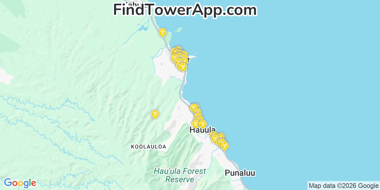 Map showing the 37 primary T-Mobile cell tower locations detected in LäÂ€˜Ie, Hawaii with coverage radius and signal strength indicators