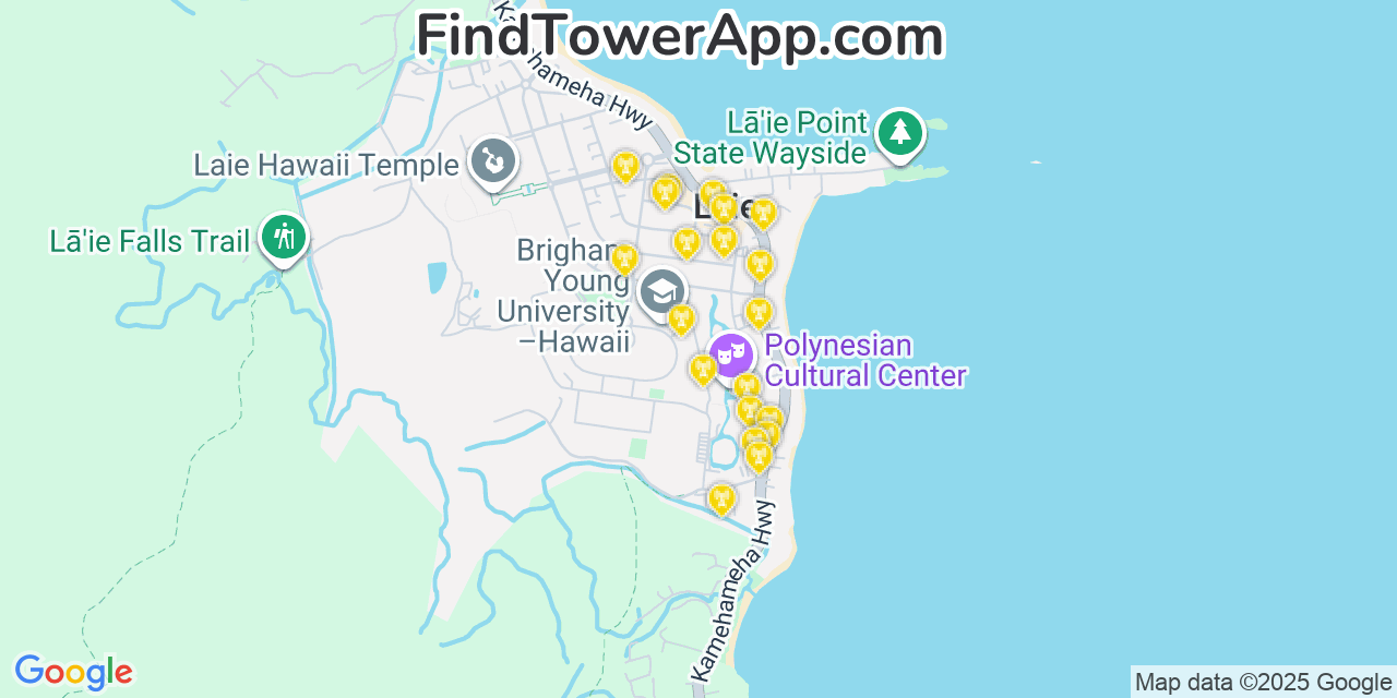 Map showing the 20 primary T-Mobile cell tower locations detected in Lā‘ie, Hawaii with coverage radius and signal strength indicators