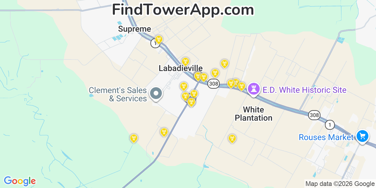 Map showing the 20 primary cell tower locations detected in Labadieville, Louisiana from AT&T, Verizon, and T-Mobile networks