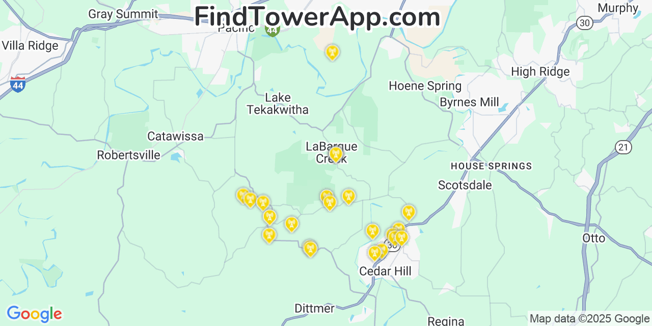 Map showing the 20 primary AT&T cell tower locations detected in Labarque Creek, Missouri with coverage radius and signal strength indicators