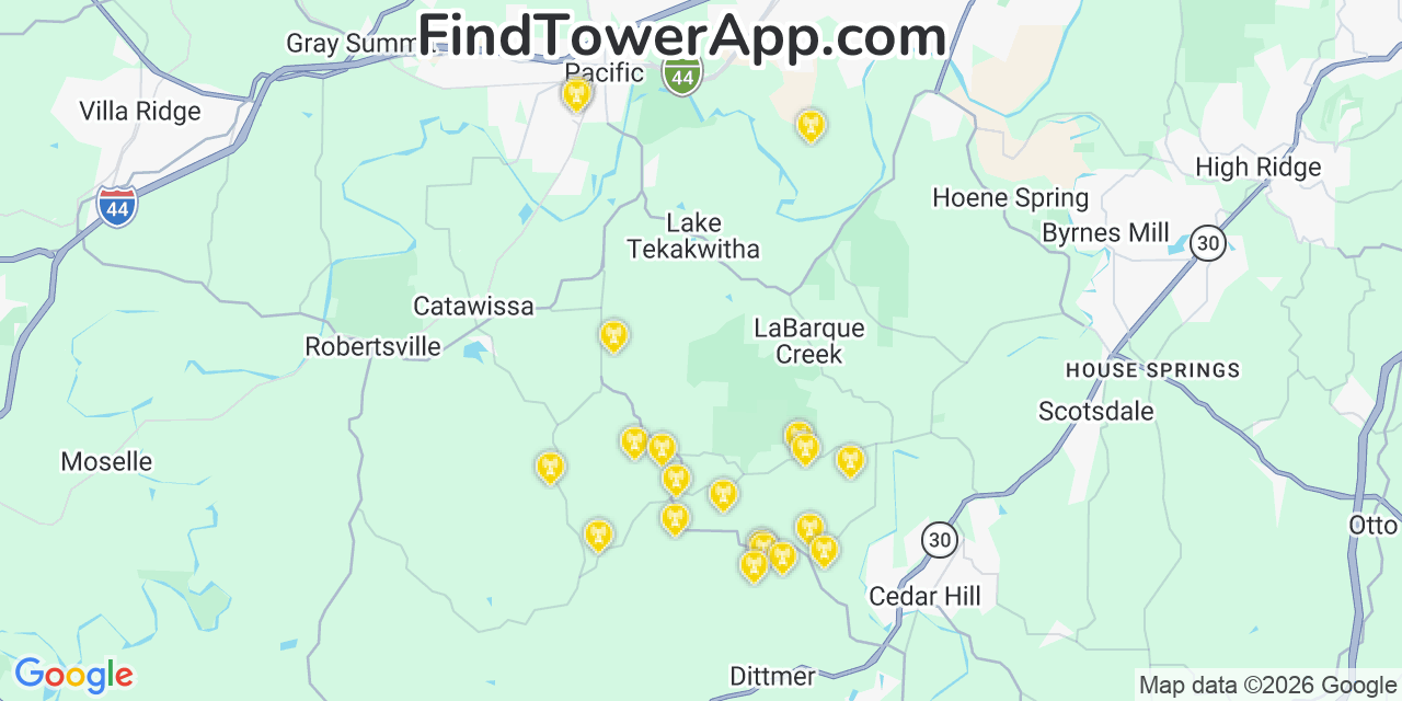 Map showing the 20 primary cell tower locations detected in Labarque Creek, Missouri from AT&T, Verizon, and T-Mobile networks
