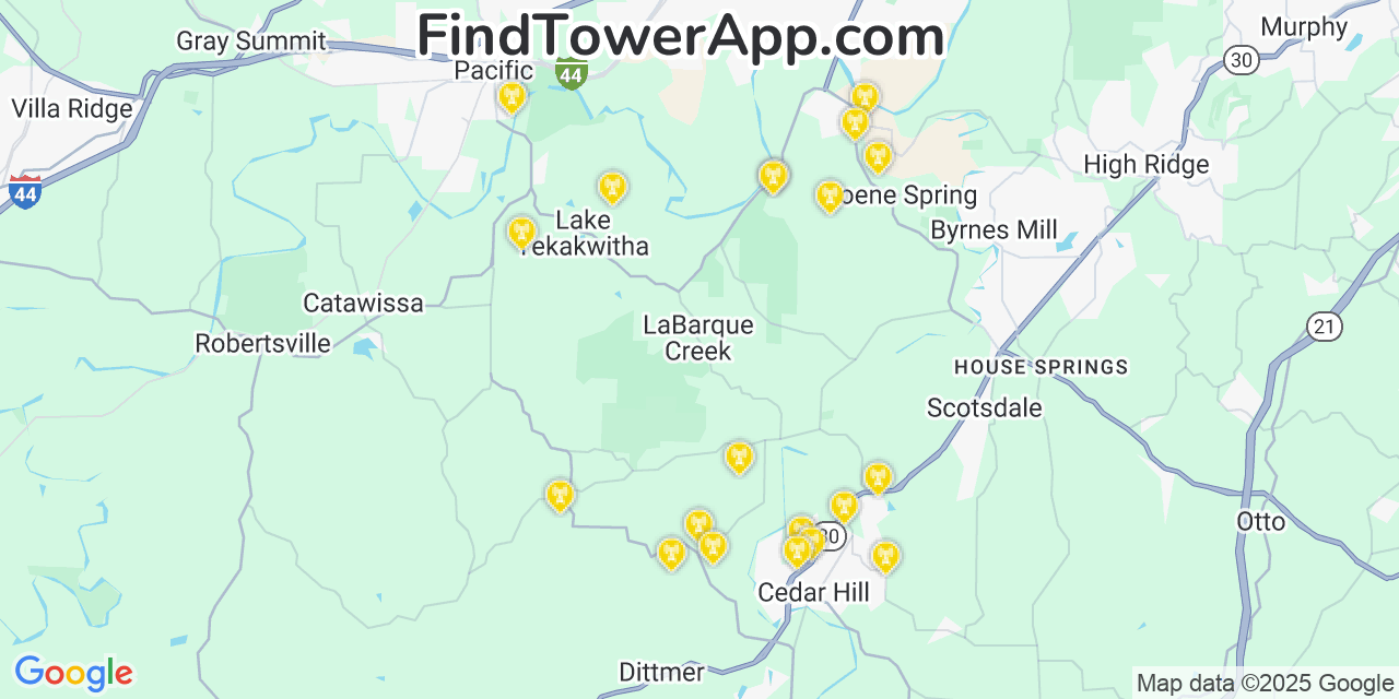 Map showing the 34 primary T-Mobile cell tower locations detected in Labarque Creek, Missouri with coverage radius and signal strength indicators