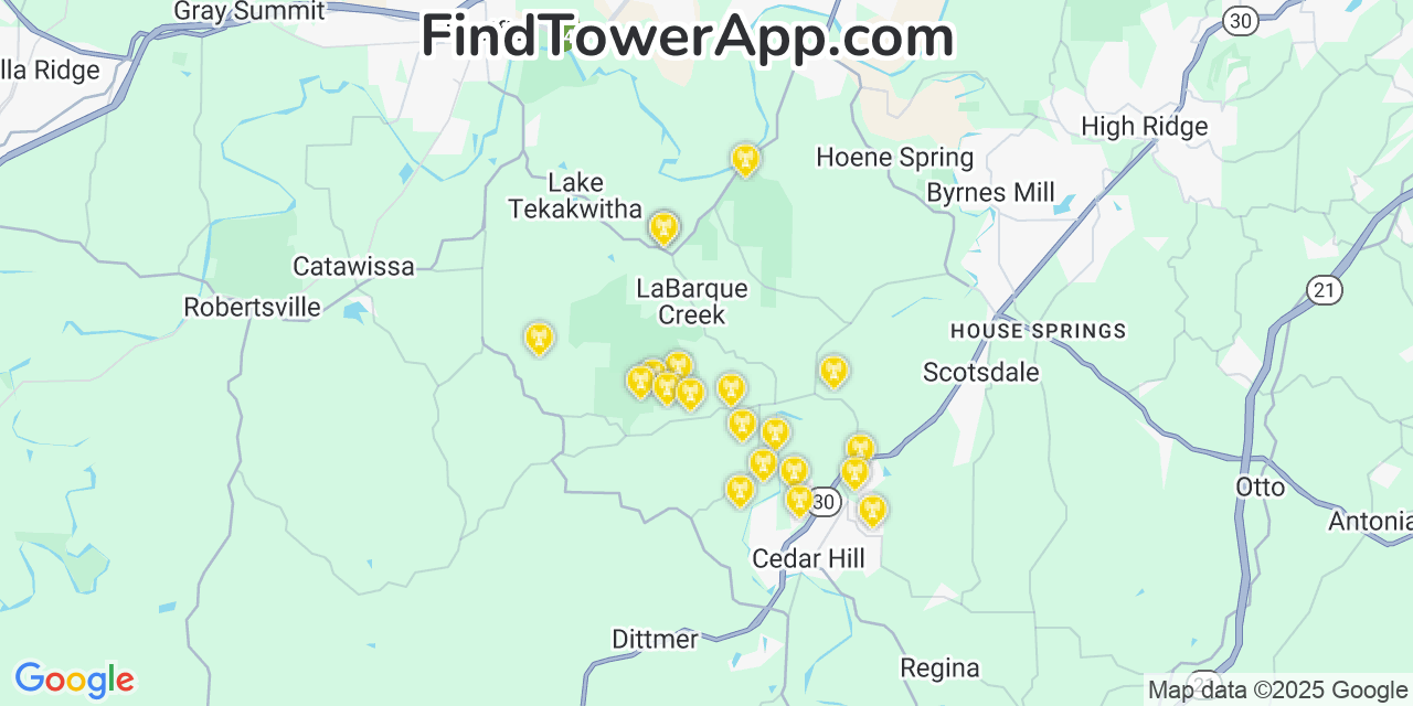 Map showing the 20 primary Verizon cell tower locations detected in Labarque Creek, Missouri with coverage radius and signal strength indicators
