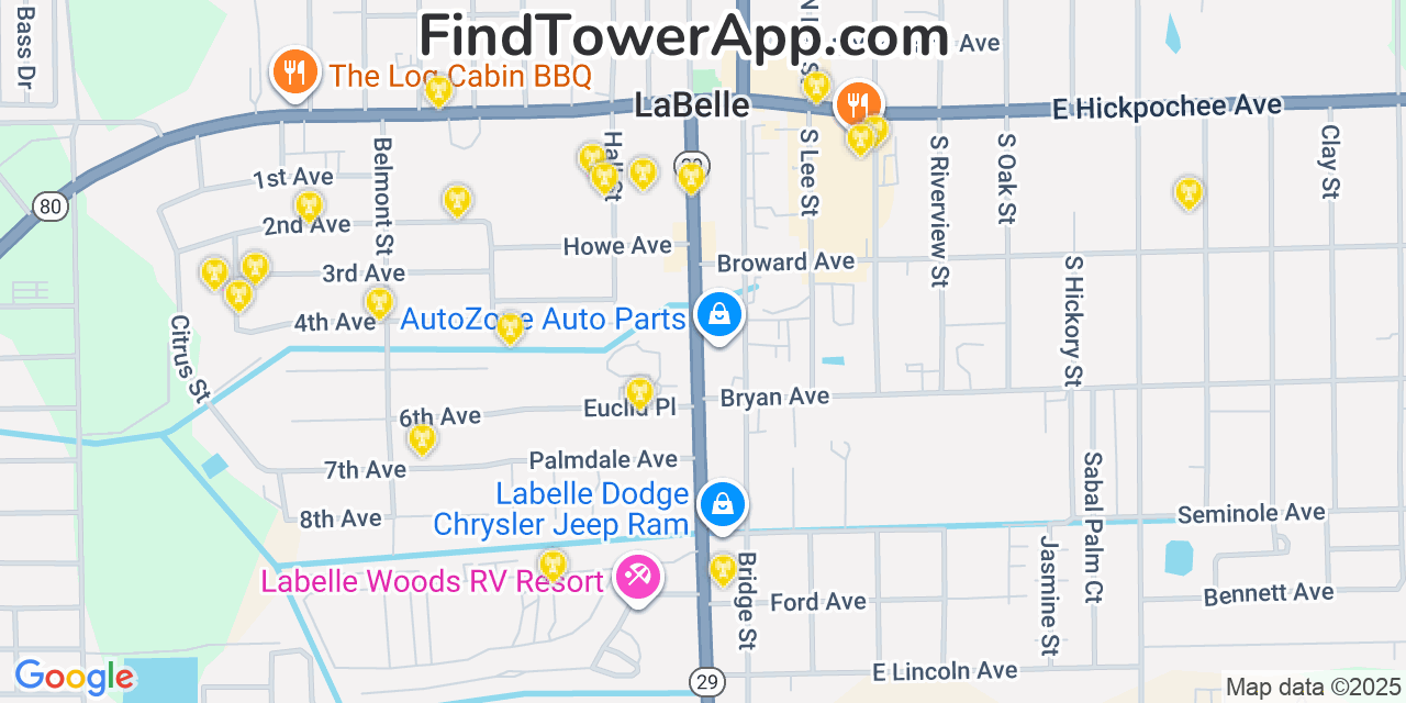 Map showing the 20 primary AT&T cell tower locations detected in Labelle, Florida with coverage radius and signal strength indicators
