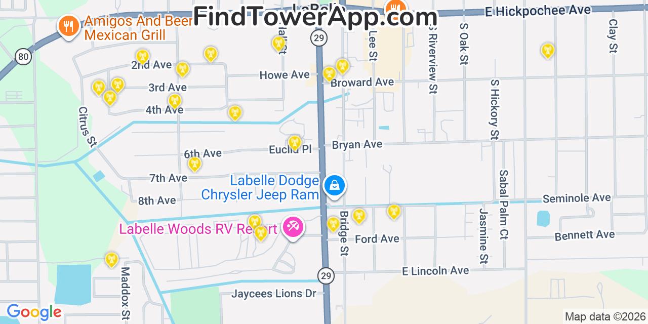 Map showing the 20 primary cell tower locations detected in Labelle, Florida from AT&T, Verizon, and T-Mobile networks